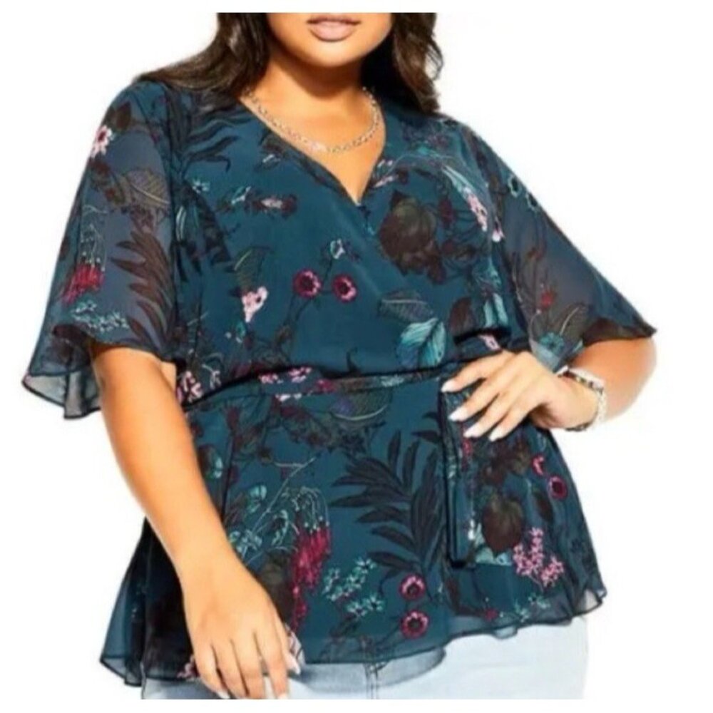 City Chic XXL 24 Surplice Botanical Blouse Teal Floral Short Sleeve Womens Plus